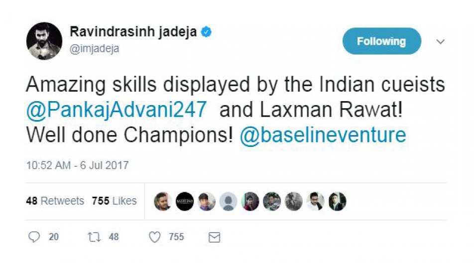 Indian all-rounder Ravindra Jadeja congratulated Advani and Rawat on their remarkable feat.