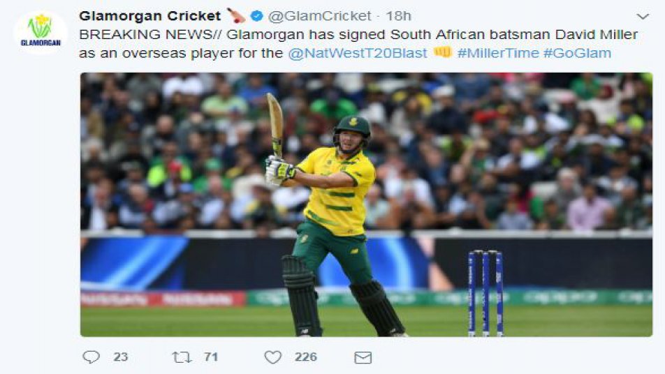 Glamorgan sign 'match-winner' Miller for T20 Blasts
