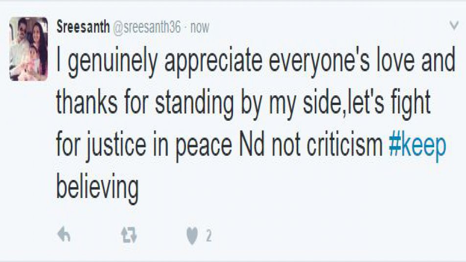 Sreesanth decided to tweet a thank you note for all his fans who came in to his support. 