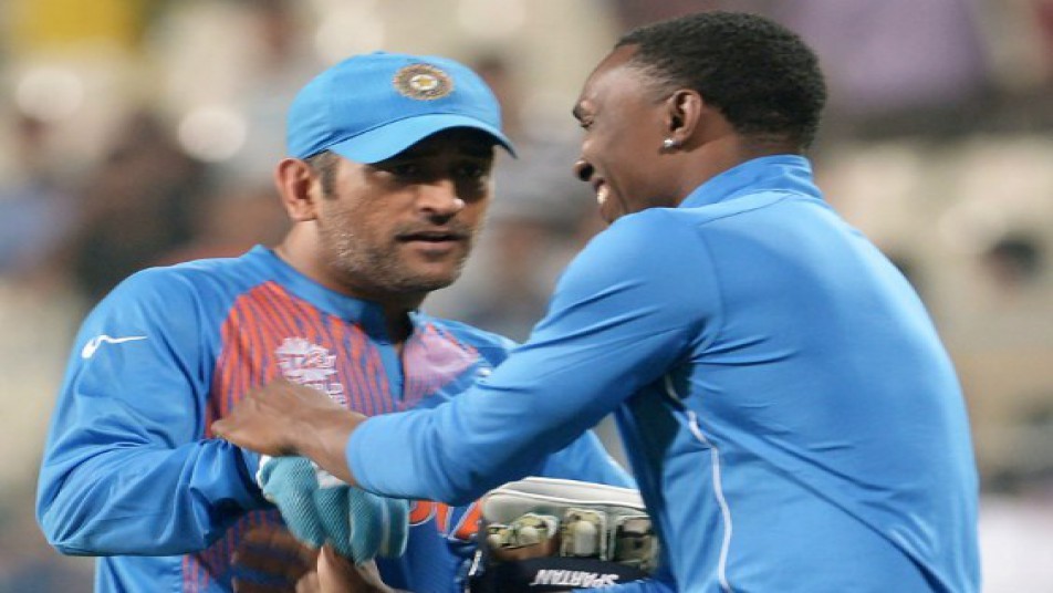 West Indies' star all-rounder Dwayne Bravo walked up to MS Dhoni and grabbed his collar before bursting into laughter. Probably Bravo wanted to scold him for the brutal show by Indian team!