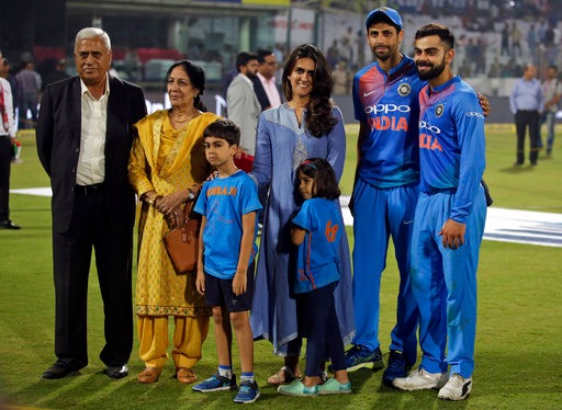 Ashish Nehra’s son, Aarush, who was present with his mother, sister and grandparents during his father’s farewell, may soon take the baton from his father. (Photo: AP)