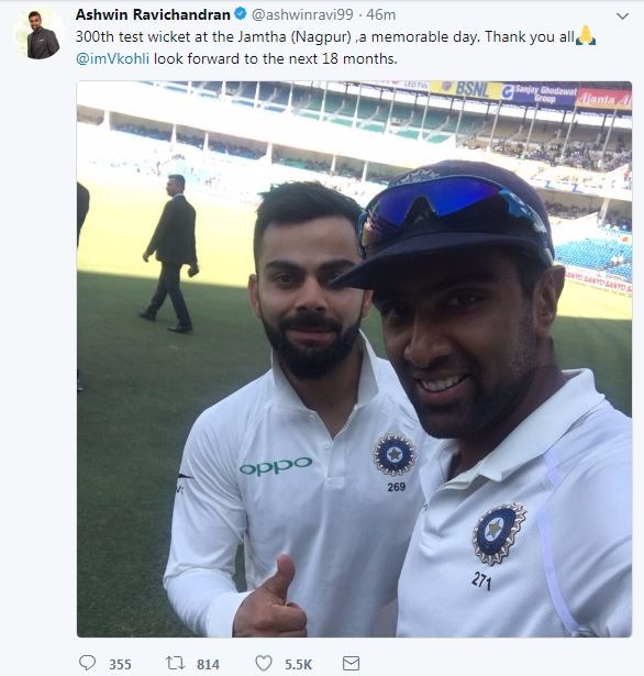 Just after the match Ashwin expressed his gratitude under whom he has picked up the most number of wickets.