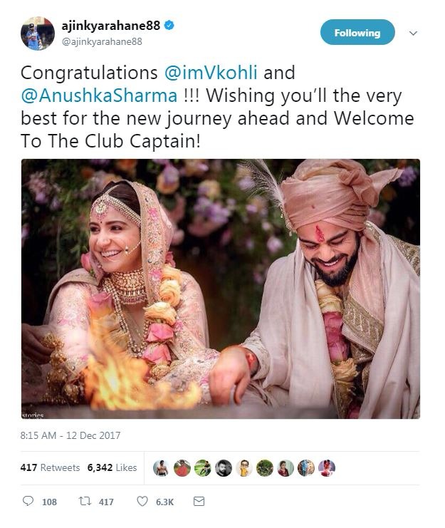 Congratulations @imVkohli and @AnushkaSharma !!! Wishing you’ll the very best for the new journey ahead and Welcome To The Club Captain! Tweeted Ajinkya Rahane.