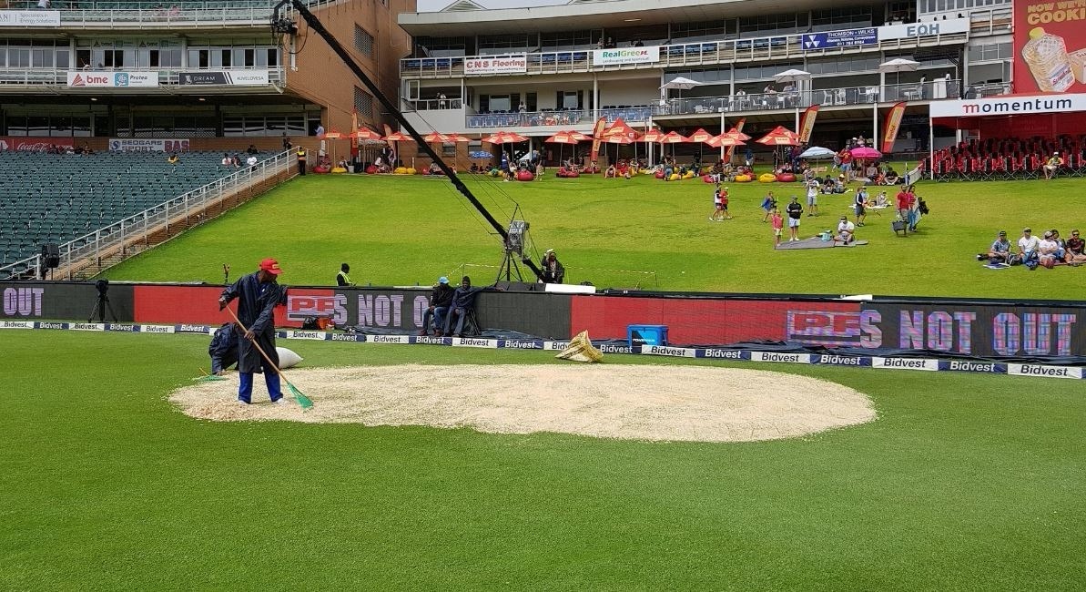 start of fourth days play delayed due to wet ground conditions Start of fourth day's play delayed due to wet ground conditions