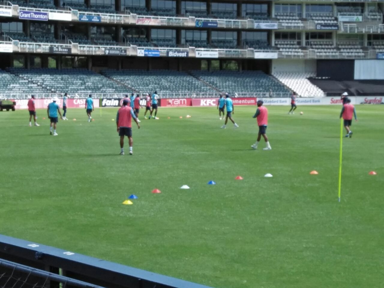 Team played the customary warm-up game of football before the net session.
