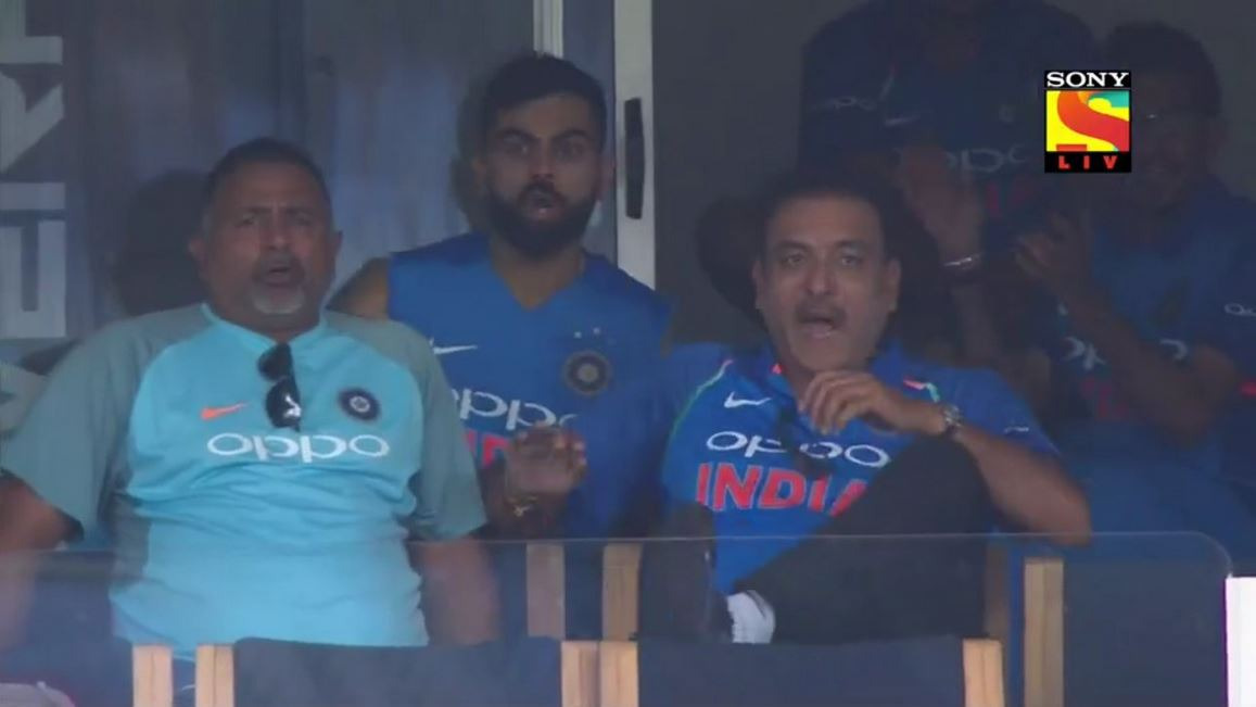 Rohit's risky shot on 96 brings out hilarious reactions from Kohli and Shastri