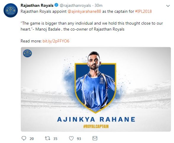 India Test vice-captain Ajinkya Rahane will replace Smith as the leader of Royals for the IPL 2018.