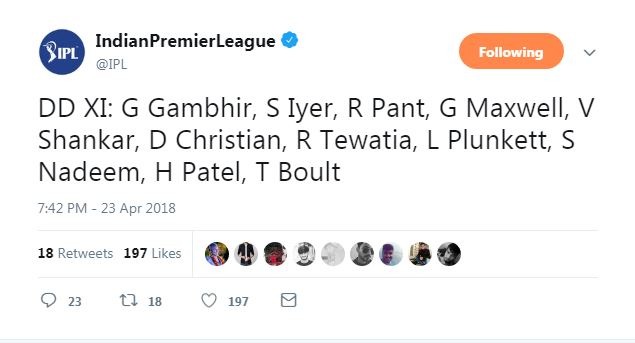 Gambhir was not the only one committing a mistake here. Confusions spiraled when the official twitter handle of IPL also tweeted the Daredevils team, which had only two changes - the ones that Gambhir had mentioned.
