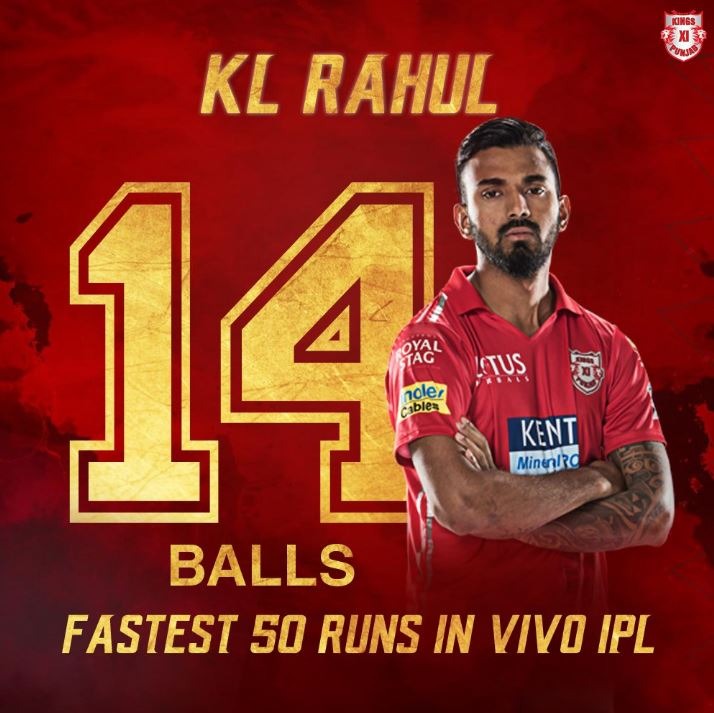 Kings XI Punjab’s KL Rahul hit the fastest IPL fifty off just 14 balls, against Kings XI Punjab on Sunday at Mohali.
