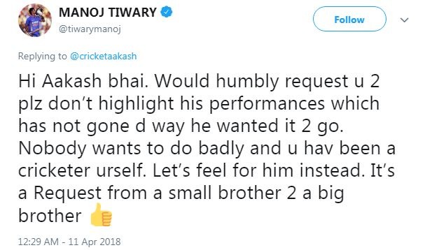 Former team mate and current member of Kings XI Punjab Manoj Tiwary defended Vinay asking Aakash Chopra not to highlight the unwanted performance 