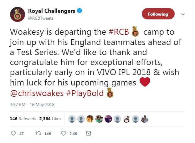 Woakes has been selected in England’s squad for the two-match Test series against Pakistan slated to begin from May 26. 