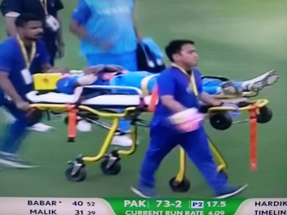 Hardik Pandya stretchered off the field after collapsing in his follow-through