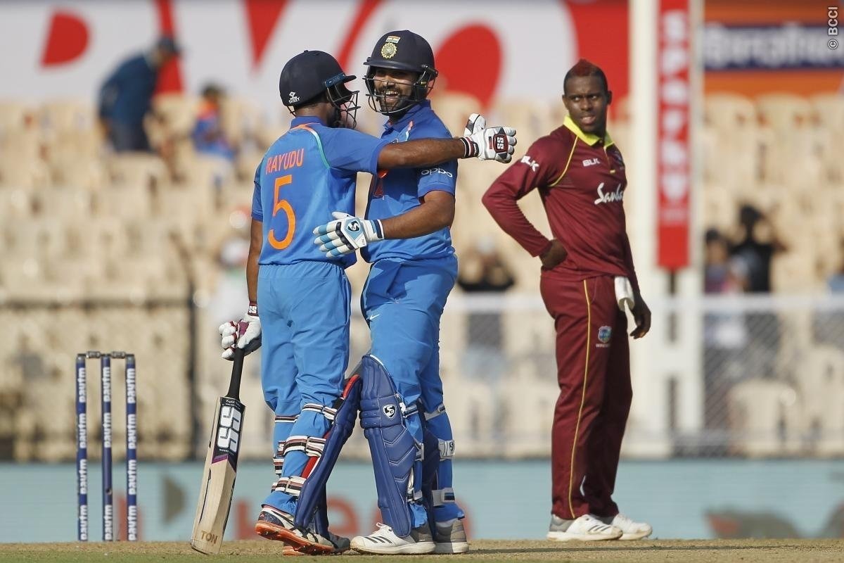 india vs west indies 4th odi rohit rayudu tons propel indian innings wi need 378 to win India shine with Rohit, Rayudu tons, WI need 378 to win