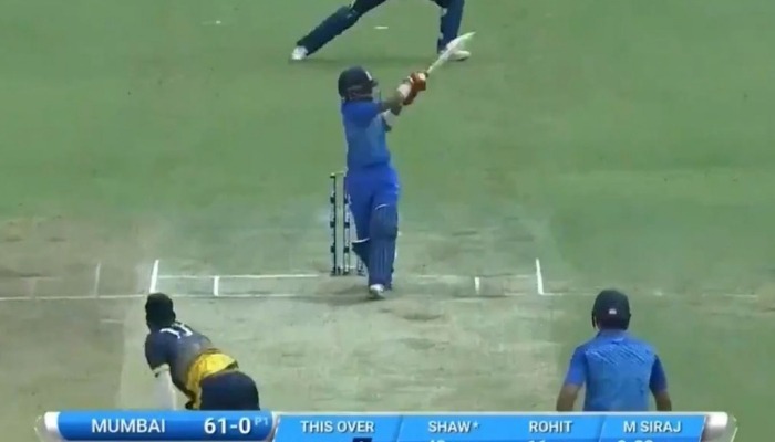 watch prithvi shaw brutally slams mohammed siraj for 664 to get fifty in vijay hazare semis WATCH: Prithvi Shaw brutally slams Siraj for 6,6,4 to get fifty in Vijay Hazare semis