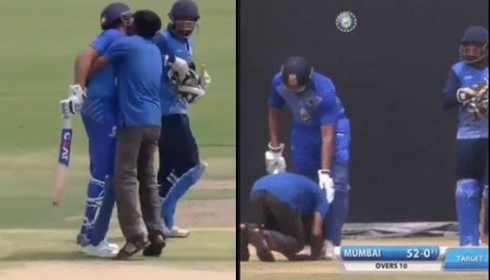 watch fan breaches security to touch rohit sharmas feet during vijay hazare quarter finals WATCH: Fan breaches security to touch Rohit Sharma's feet, tries to kiss during live match