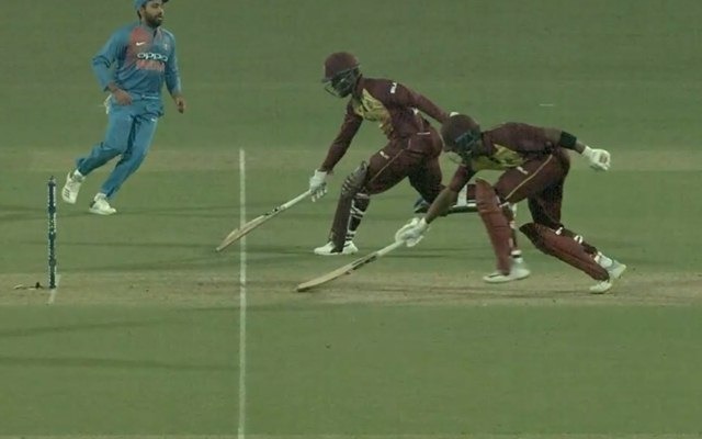 Both batsmen at one end; the comical Shai Hope run out