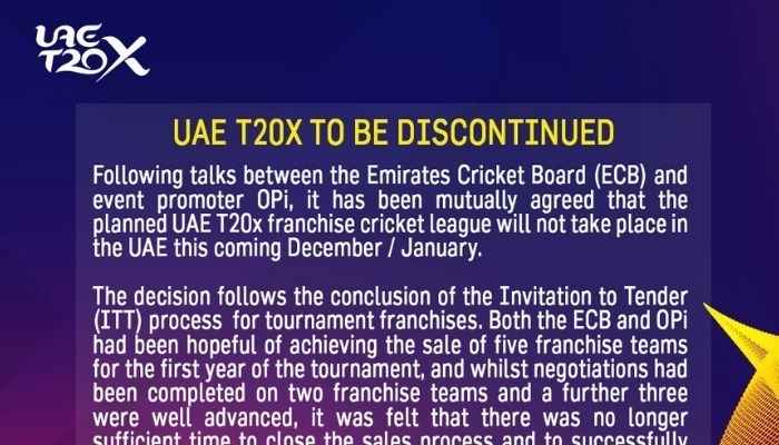 inaugural uae t20x league cancelled due to financial issues Inaugural UAE T20x league cancelled due to financial issues