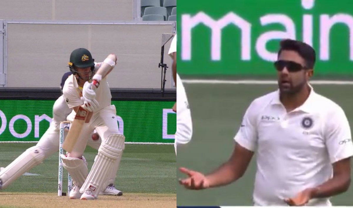 Ball passes between batsman's legs and through the stumps but Ashwin still doesn't get the wicket