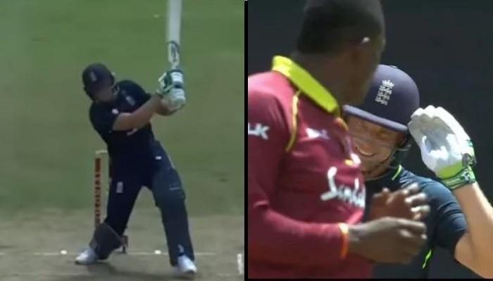 watch jos buttler salutes to sheldon cottrell after hitting him a massive six WATCH: Jos Buttler 'salutes' Sheldon Cottrell after hitting him a massive six