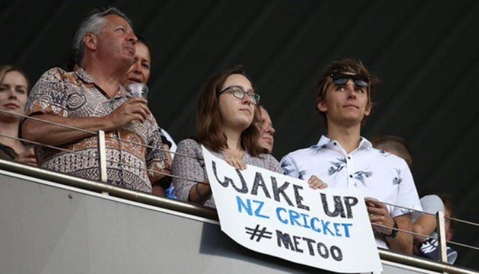 metoo banner held at stadium against scott kuggeleijn during 2nd t20i #MeToo banner held at stadium against Scott Kuggeleijn during 2nd T20I