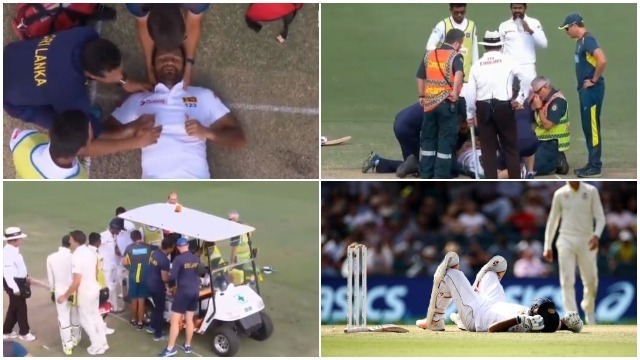 watch karunaratne stretchered off following nasty blow from cummins bouncer WATCH: Karunaratne stretchered off following nasty blow from Cummins bouncer