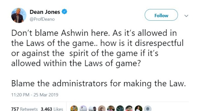 Former Australian batsman Dean Jones also came out in support of Ashwin. 