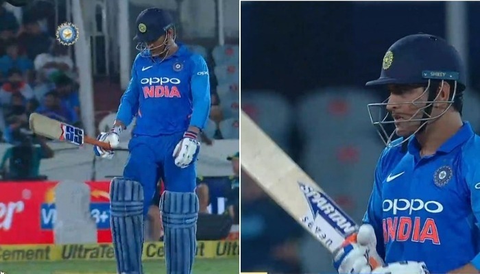 WATCH: Dhoni uses two different bat sponsors in an innings for the 1st time