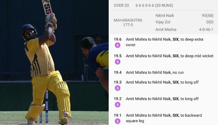watch nikhil naik smashes 5 sixes in an over to amit mishra WATCH: Nikhil Naik smashes 5 sixes in an over to Amit Mishra