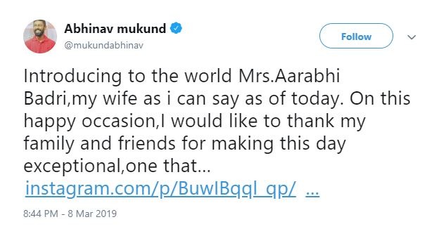 Mukund married Arabhi Badri and the made the announcement on Twitter. “Introducing to the world Mrs.Aarabhi Badri, my wife as I can say as of today. On this happy occasion, I would like to thank my family and friends for making this day exceptional, one that,” Mukund said.