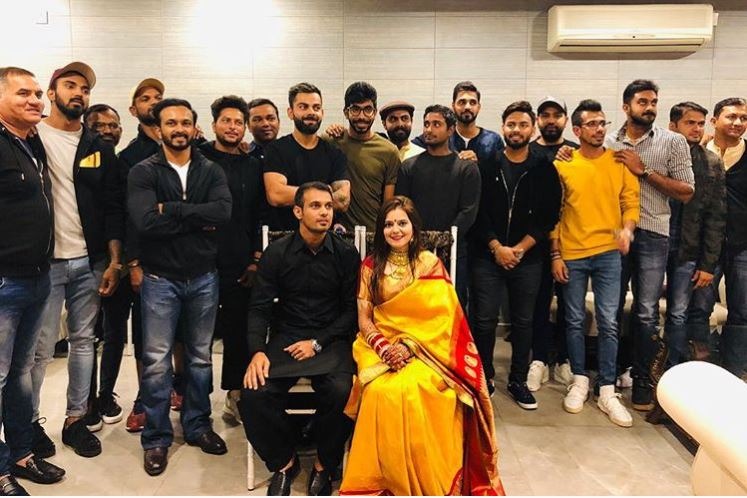 The Indian team, which is currently in Mohali for the fourth ODI against Australia, visited Kaul's home to be a part of celebrations and bless the couple. Captain Virat Kohli along with the team members and support staff was present on the occasion. 