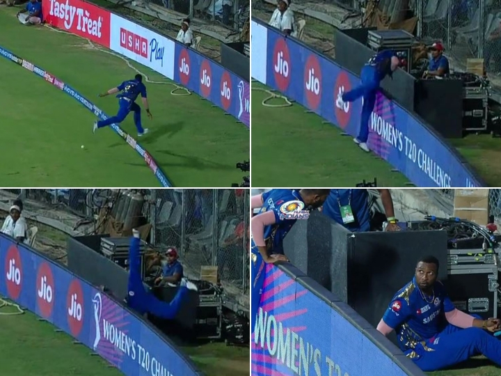 WATCH: Kieron Pollard bumps into advertisement hoarding while saving boundary