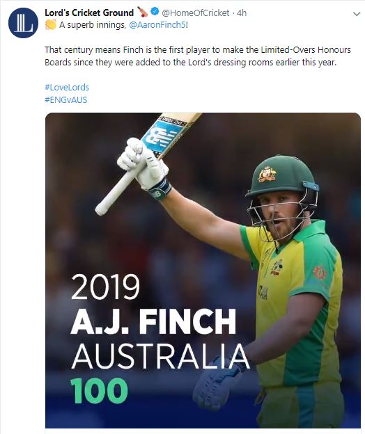 World Cup 2019: Aaron Finch makes it to Lord's Honours Boards