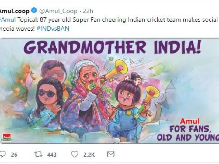 amul india dedicates cartoon to 87 year old team india fan charulata Amul India pays tribute to 87-year-old team India fan Charulata Patel