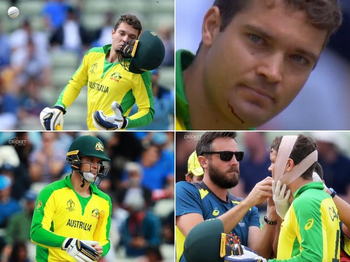 watch alex carey gets badly hit on chin continues batting with blood stains WATCH: Alex Carey Gets Badly Hit on Chin, Continues Batting With Bloody Injury