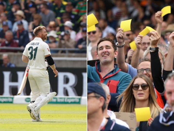 watch david warner gets mocked as edgbaston crowd waves sandpaper on his dismissal WATCH: David Warner Gets Mocked As Edgbaston Crowd Waves Sandpaper On His Dismissal