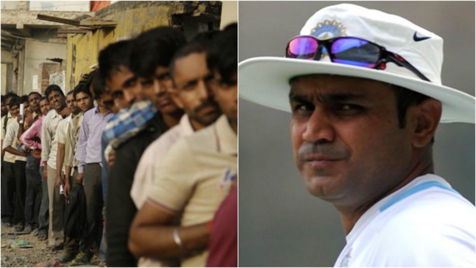 बैंक की लाइन में लगकर परेशान हुए लोगों के नाम सहवाग का मैसेज