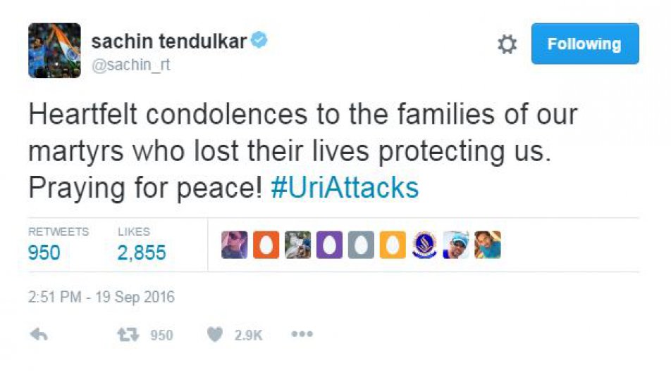 मास्टर ब्लास्टर सचिन तेंदुलकर ने उरी अटैक में शहीद जवानों को ट्विटर पर श्रद्धांजली देते हुए कहा, 