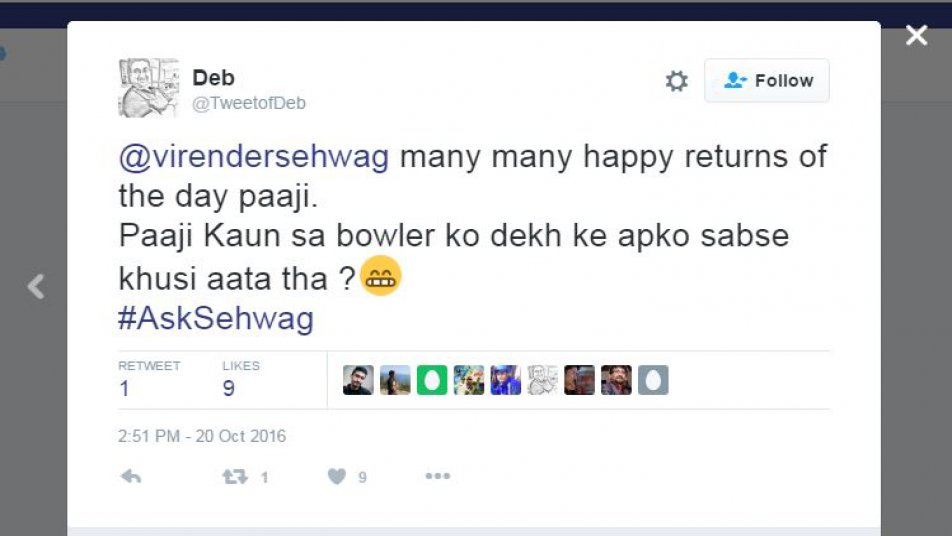
लेकिन एक सवाल जो वायरल हो गया वो है पाकिस्तान को लेकर पूछा गया सवाल. देब नाम के एक फैन ने सहवाग से पूछा कि 'पाजी किस गेंदबाज़ को देखकर आपको सबसे अधिक खुशी होती थी.?'