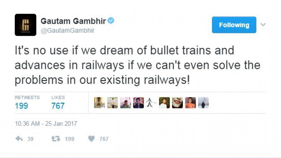 गंभीर ने इसके बाद एक और ट्वीट कर कहा, 'बुलेट ट्रेन या रेलवे में आने वाली नई-नई योजनाओं का कोई मतलब नहीं है अगर मौजूदा रेलवे के हालात में सुधार नहीं कर पाते हैं तो.'