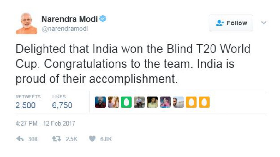 Blind T20 WC: PM मोदी समेत इन सितारों ने दी दृष्टिबाधित क्रिकेट टीम को बधाई
