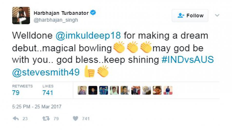 हरभजन सिंह ने ट्वीट कर कहा, ‘‘यह स्वप्निल शुरूआत करने के लिये, शाबाश कुलदीप यादव. जादुई गेंदबाजी????? भगवान की कृपा रहे, चमकते रहो. ’’ 
