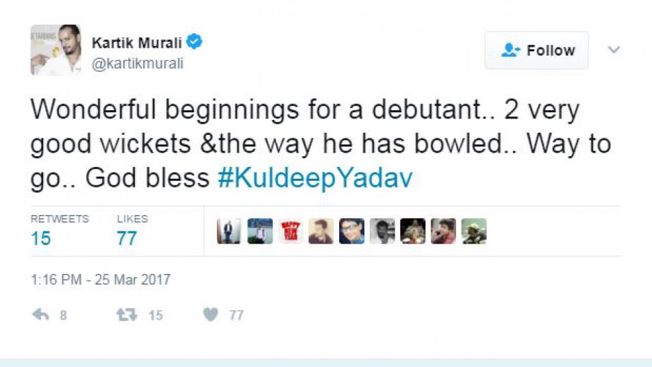 पूर्व भारतीय स्पिनर मुरली कार्तिक ने अपने ट्विटर हैंडल पर लिखा, ‘‘डेब्यू करने वाले खिलाड़ी के लिये बेहतरीन शुरूआत. दो बहुत अच्छे विकेट और जिस तरह से उसने गेंदबाजी की, शानदार. ’’