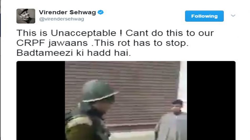 वहीं सहवाग ने कहा,‘‘यह अस्वीकार्य है. हमारे सीआरपीएफ जवानों के साथ ऐसा नहीं होना चाहिये. इस पर रोक लगनी चाहिये. बदतमीजी की हद है.’’