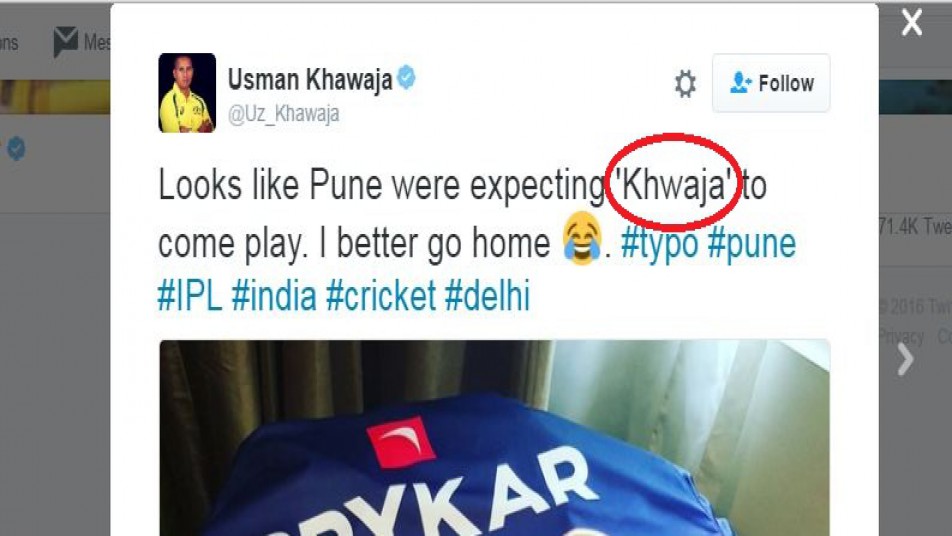 लेकिन मुकाबले से पहले ख्वाजा ने सोशल मीडिया पर अपनी टीम की जर्सी के साथ एक ट्वीट में लिखा, 'पुणे की टीम 'ख्वजा' के खेलने आने की उम्मीद कर रहे हैं, अच्छा है मैं वापस लौट जाऊं.'