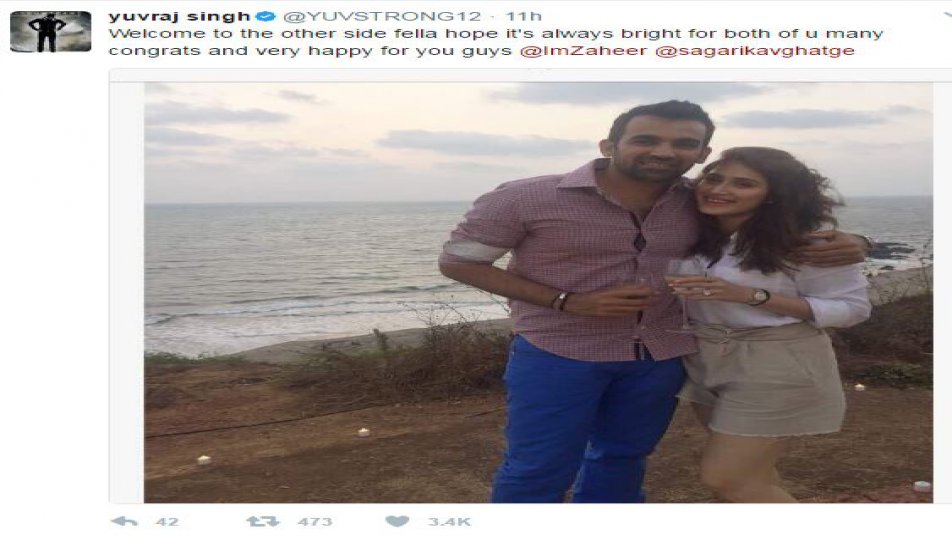 युवराज सिंह ने कहा, दूसरी ओर (शादी-शुदा लोगों के लीग में) आने पर ज़हीर का स्वागत है. युवी ने बधाई देते हुए कहा, दोनों की जोड़ी ऐसे ही चमकती रहे.