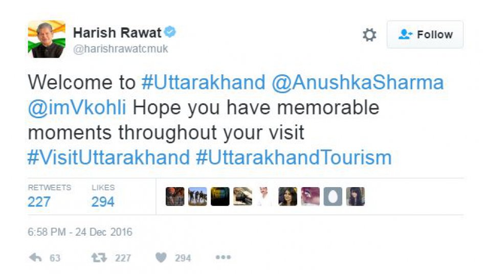 मुख्यमंत्री हरीश रावत ने विराट और अनुष्का का स्वागत करते हुए लिखा, उत्तराखंड में आपका स्वागत है अनुष्का शर्मा, विराट कोहली. आशा करता हूं कि उत्तराखंड की आपकी यह यात्रा यादगार रहेगी...