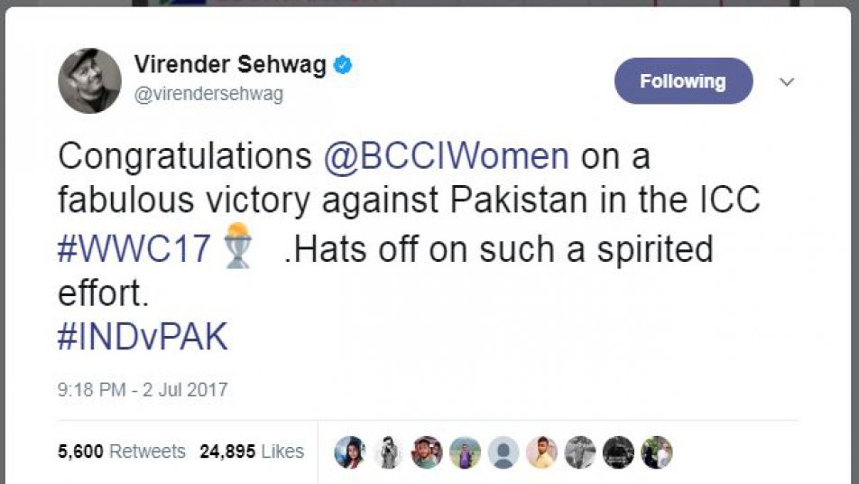 सहवाग ने ट्वीट कर कहा, 'महिला क्रिकेट टीम को पाकिस्तान के खिलाफ शानदार जीत के लिए बहुत-बहुत बधाई...सच में जोश भर देने वाला प्रयास.'