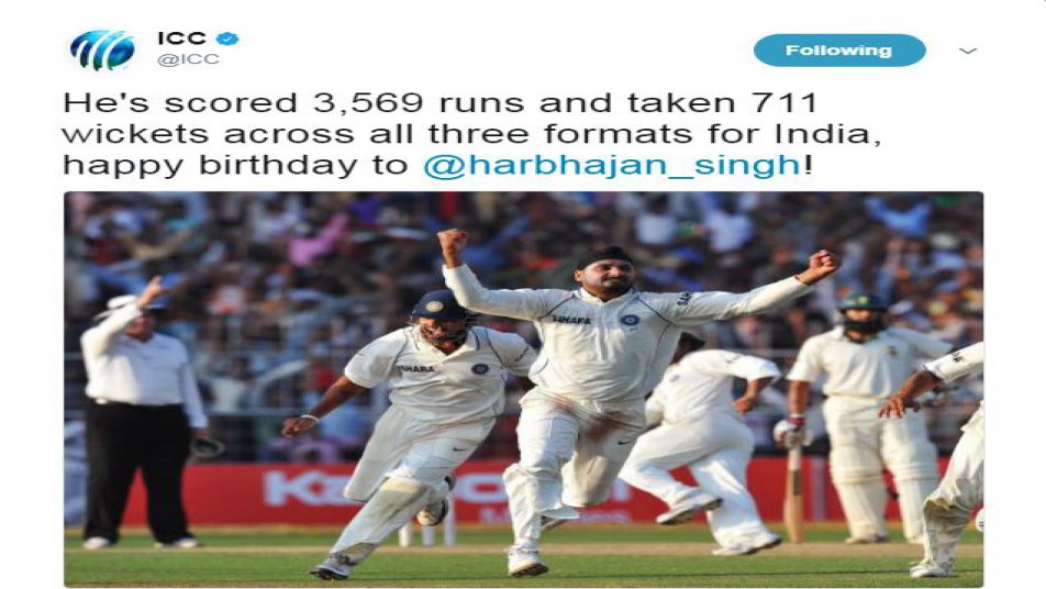 हरभजन को आईसीसी ने भी जन्मदिन की बधाई दी है. आईसीसी ने अपने ट्विटर हैंडल के जरिए लिखा, “इन्होंने भारत के लिए तीनों फॉर्मेट में कुल मिलाकर 3569 रन बनाए हैं और 711 विकेट लिए हैं. जन्मदिन मुबारक हो हरभजन सिंह.”