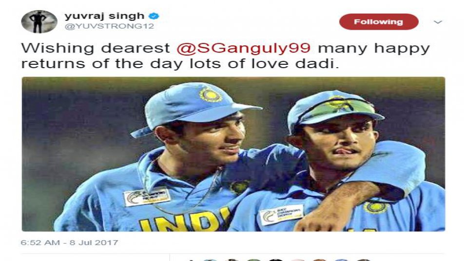 युवराज सिंह गांगुली को जन्मदिन की बधाई देते हुए कहा, ''सौरव गांगुली को जन्मदिन की बधाई. आपको खूब सारा प्यार दादी.''

फोटो: (ट्विटर)