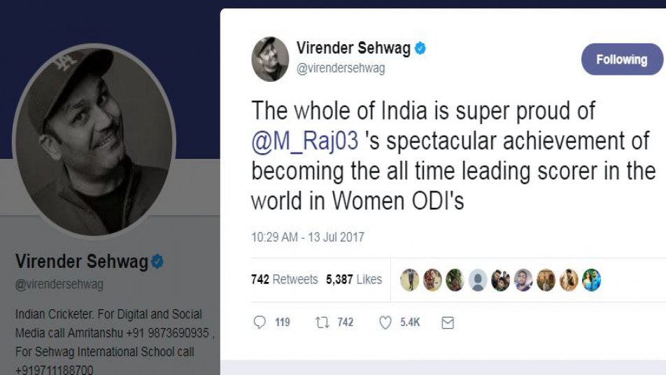 सहवाग ने सोशल मीडिया पर लिखा, “महिला वनडे क्रिकेट में सबसे ज्यादा रन बनाने वाली बल्लेबाज़ बनने पर पूरे देश को तुम पर बहुत ज्यादा गर्व है मिताली राज.”